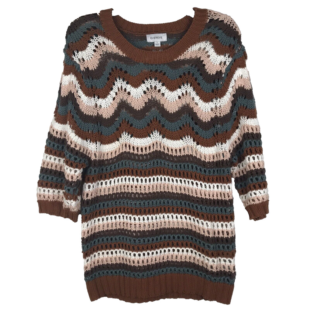 Evereve Open Knit Sweater Short Sleeve 100% Cotton Brown Blue White Stripe Large
